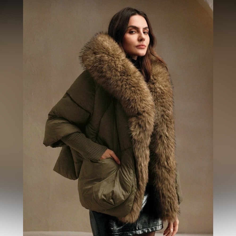 Faux fur lined quilted puffer jacket hooded oversized olive green